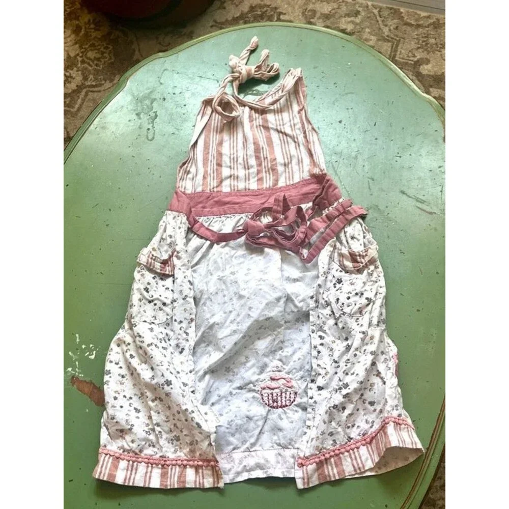 2 Vintage Aprons - Sur La Table Yellow Stripe & Pink Floral Striped Smocks 100%